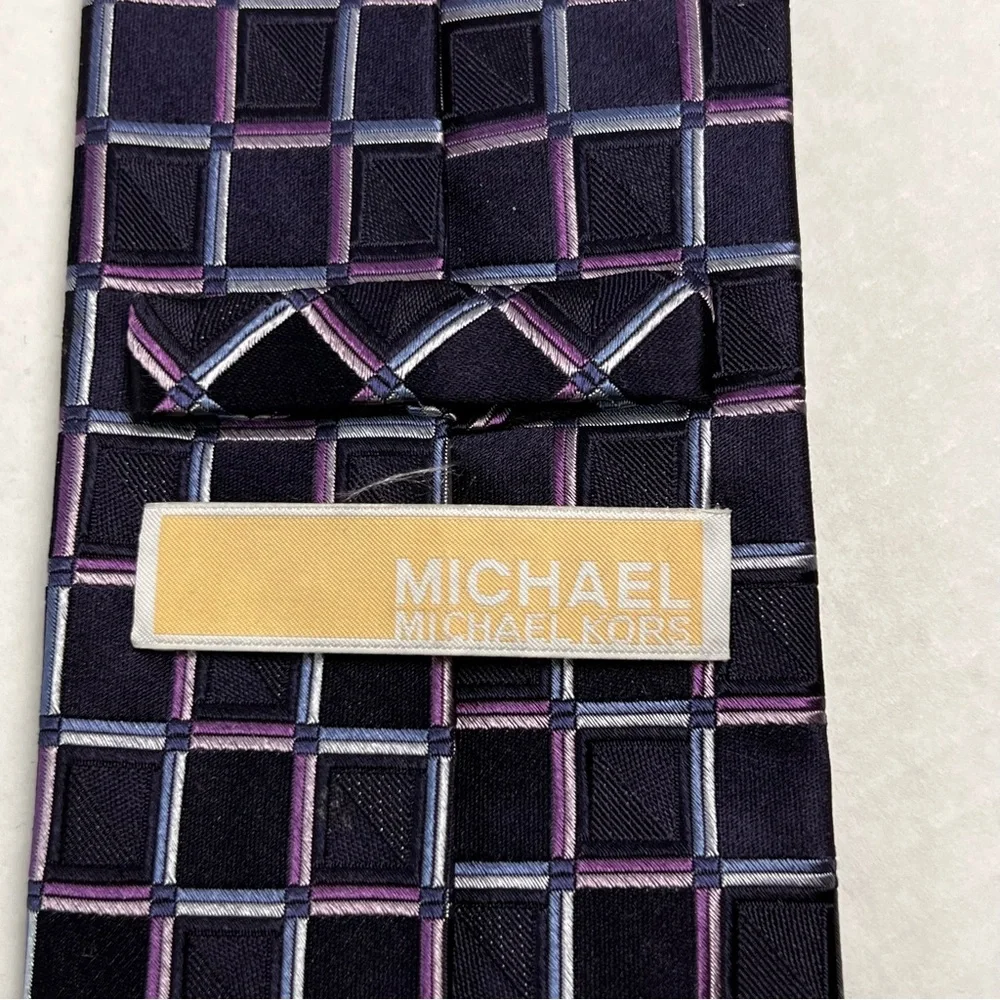 Michael Kors men's necktie black‎ with colorful squares of pink purple and blue